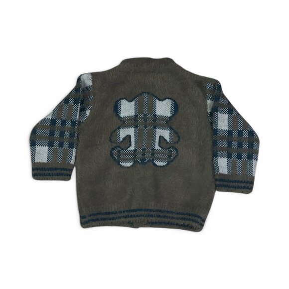 Love Bird Fuzzy Knit Kids Cardigan Brown Plaid Teddy Bear Patch Soft Angora Feel - Picture 2 of 6